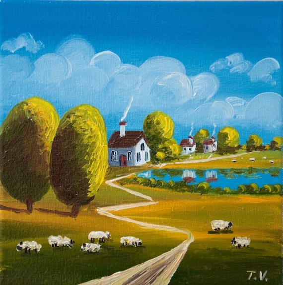 素朴な田舎の風景油絵：夏の田園風景、アートワーク8x8 - Etsy 日本