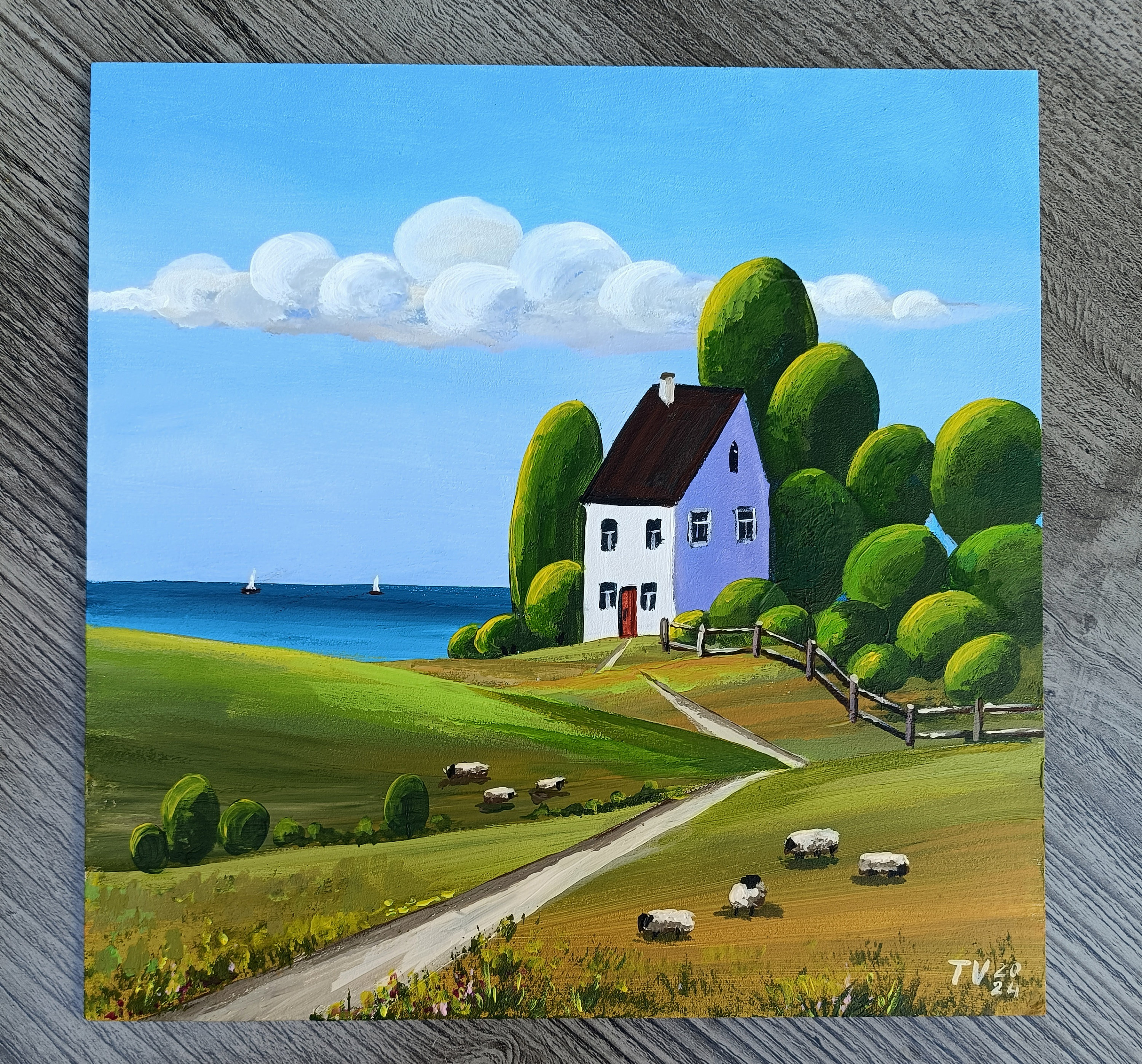 Naive Country Landscape Painting Original Acrylic Art 8x8 Summer