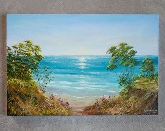May include: Oil painting of a serene beach scene. Turquoise water meets a sandy shore, framed by green trees and grassy banks. The sky is a clear blue with a bright sun. Purple wildflowers and tall grass add color to the foreground.