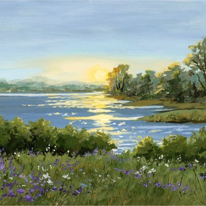 Pintura de paisaje de verano Arte original Río Árboles verdes Prado de flores Pintura acrílica Campo Naturaleza Paisaje 7 x 9,4
