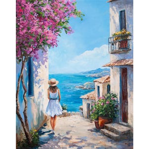 Mediterranean Seascape Oil Painting: Girl on Coastal Street, Original Art (20x16)
