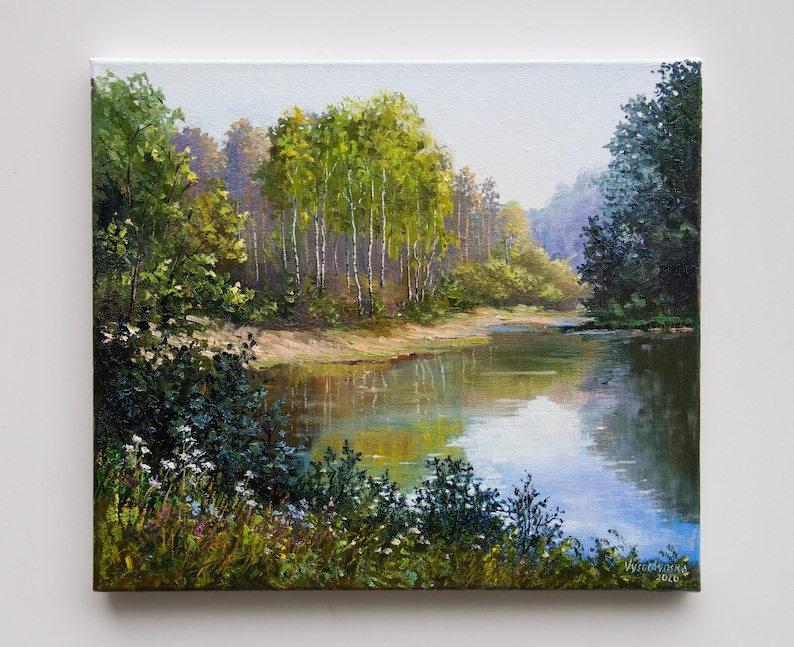 Forest Lake Oil Painting Original Summer Landscape Art (14x16 In) - Etsy