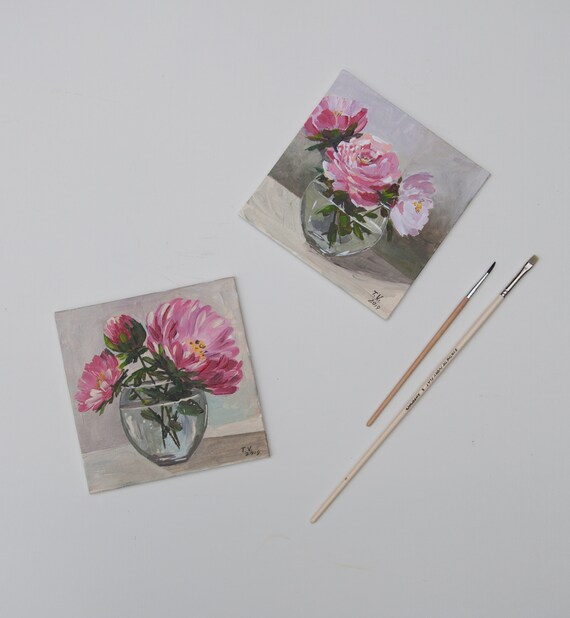 オリジナルピンクの牡丹の油絵：花の静物画（8x8） - Etsy 日本