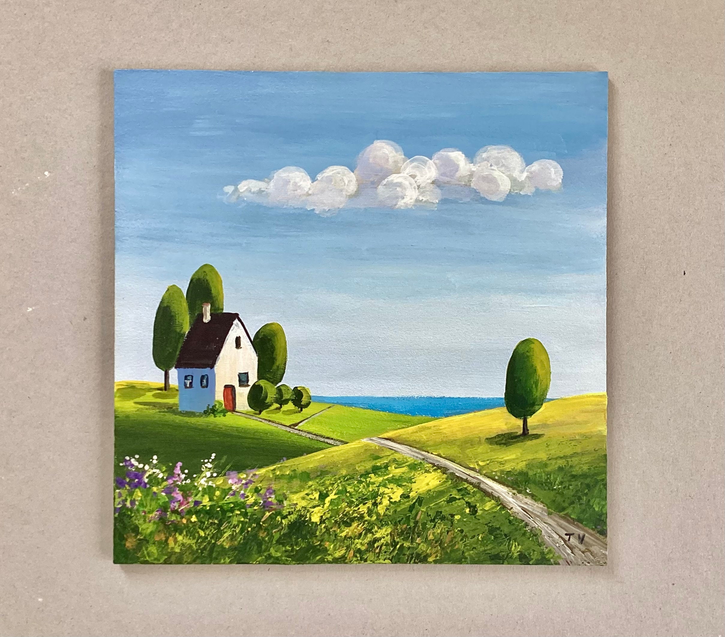 原始的な風景 アクリル画 オリジナルアート 夏の緑の野原と家