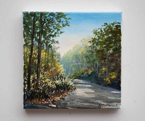 絵画 油彩画 森の道 アート オリジナル油絵：森の風景 - 田園風景 小型