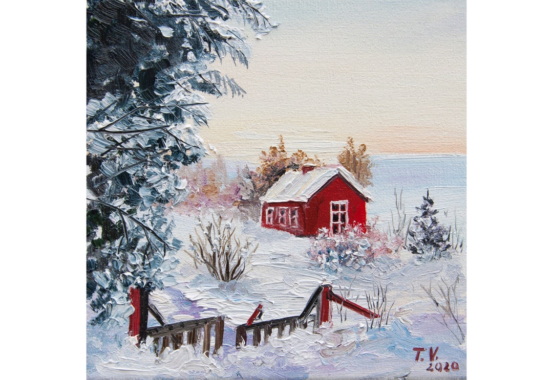 Winter Rural Landscape Oil Painting Original Art on Canvas Snow Covered ...