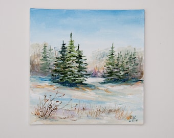 Forêt d'hiver peinture à l'huile art original neige paysage d'hiver arbres de Noël beaux-arts sapins verts petite peinture miniature 6 x 6 po