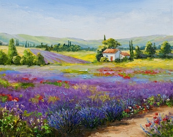 Campos de lavanda, pintura al óleo original, Francia, Provenza, paisaje rural, obra de arte de 20 x 24 pulgadas