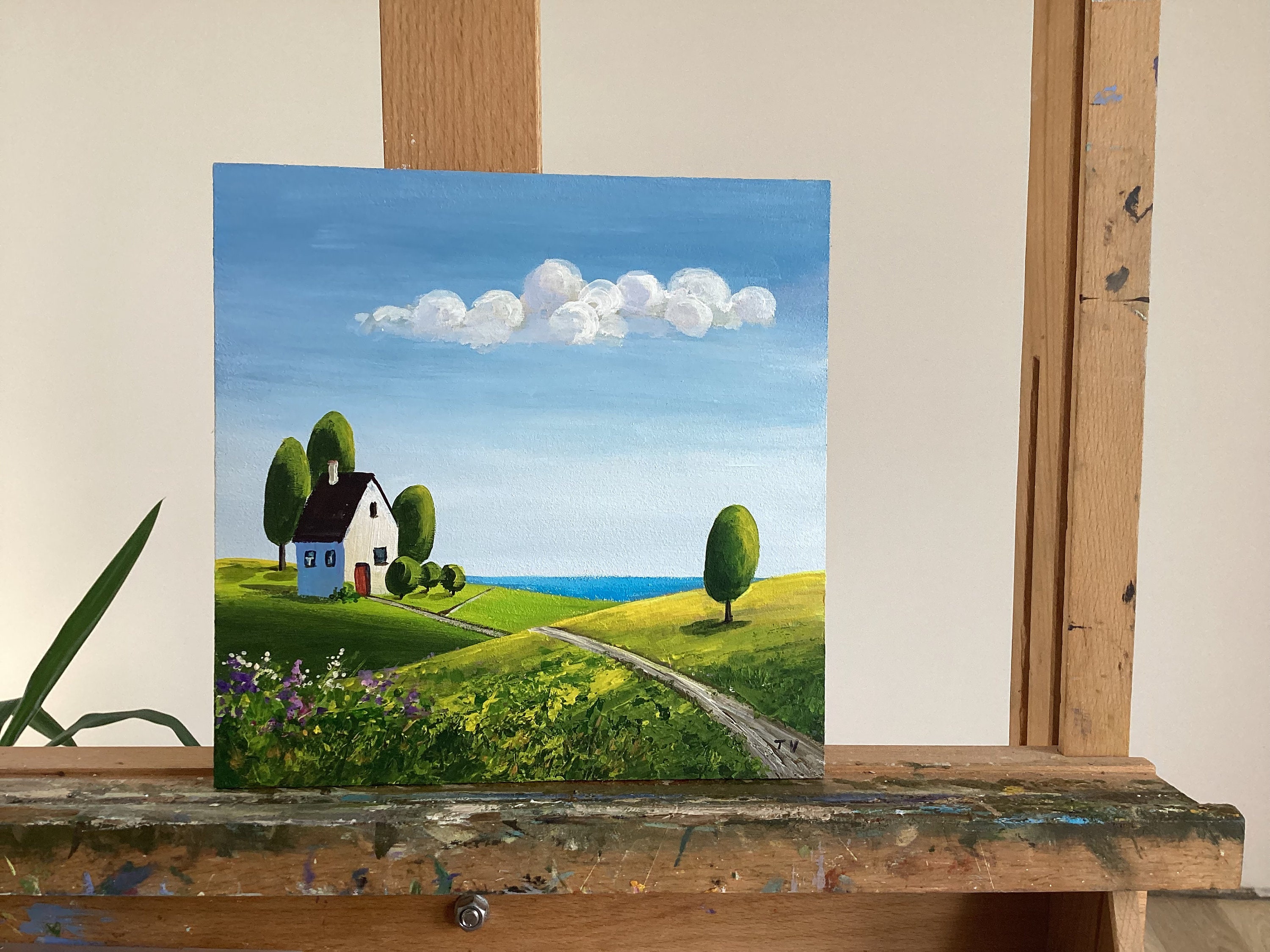 原始的な風景 アクリル画 オリジナルアート 夏の緑の野原と家