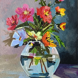 Pintura acrílica floral arte original flor natureza morta flores pequena pintura 7 x 5 em miniatura arte fina presente para ela