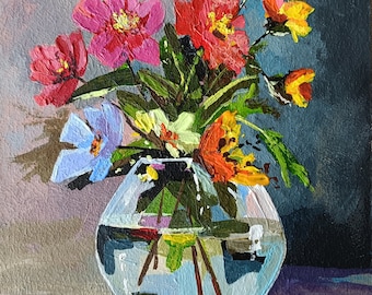 花の油絵：赤いバラと白い花の静物画、8x8 - Etsy 日本