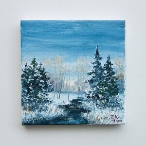 Paisagem de floresta de inverno pintura a óleo arte original neve pinheiros cena de floresta pequena pintura arte em miniatura 6" x 6"