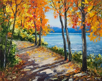 Autumn Forest Oil Painting: Golden Trees Landscape Art, 8x10