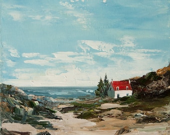 Paisaje irlandés, óleo sobre lienzo. Obra original: Casa de campo irlandesa y mar.