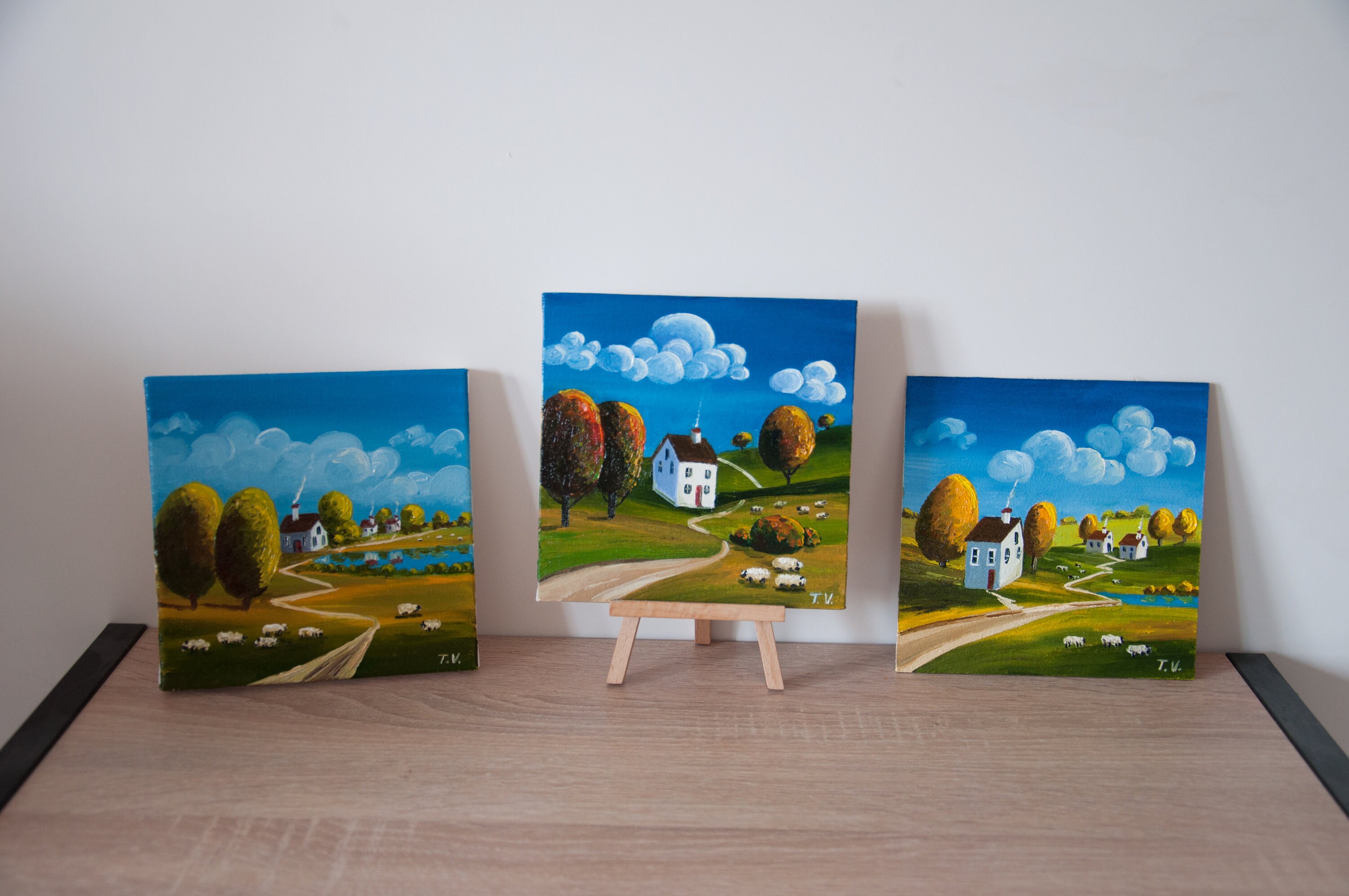 素朴な田舎の風景油絵：夏の田園風景、アートワーク8x8 - Etsy 日本