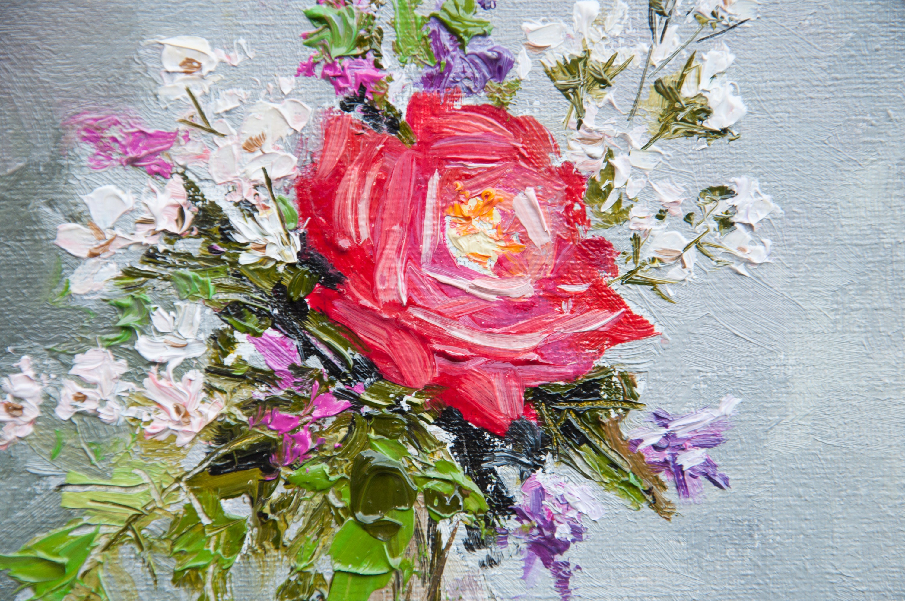 赤いバラと白い花の油彩画 花の油絵：赤いバラと白い花の静物画、8x8 - Etsy 日本