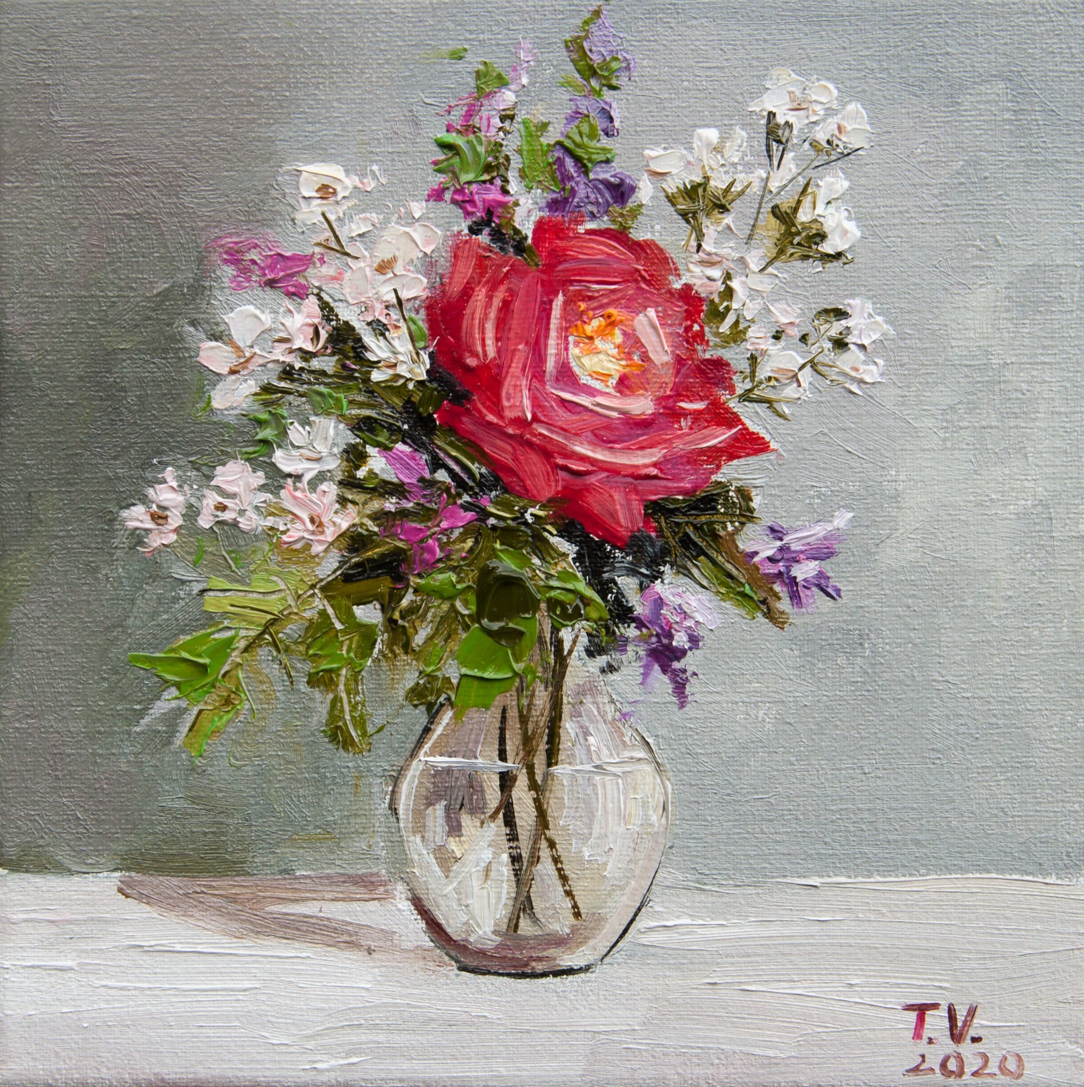花の油絵：赤いバラと白い花の静物画、8x8 - Etsy 日本