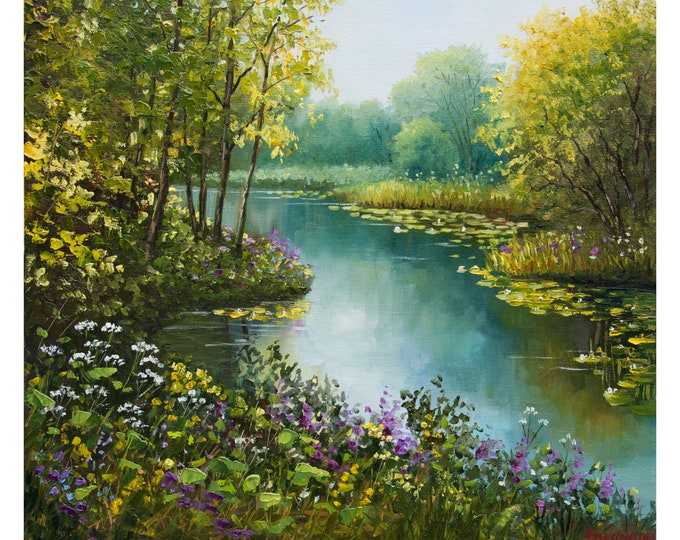 Forest Lake Oil Painting Landscape Original Art on Canvas Summer Nature ...