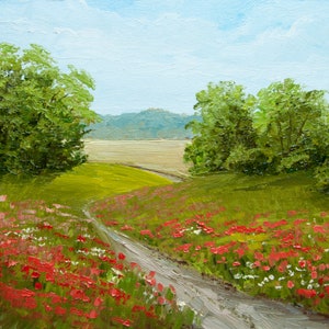 Paisagem de verão, pintura a óleo, arte original, árvores verdes, campo de papoulas vermelhas, paisagem campestre, prado de flores, belas artes, 8 x 10