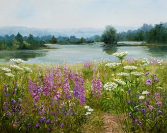 オリジナル油絵 18x24インチ 夕焼けの野花の風景 - 花の草原と森の壁