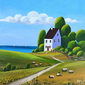 Pintura de paisaje campestre, arte original, campos verdes, árboles, escenas rurales, casas de pueblo, verano, naturaleza, arte mural, 8 x 8, pintura ingenua
