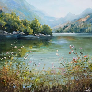 Pintura a óleo de paisagem natural, arte original, rio, montanhas, árvores verdes, flores, verão, água, paisagem, arte, 8 x 8
