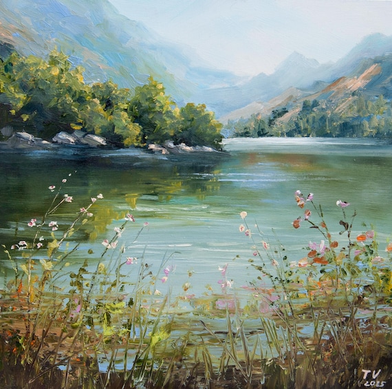 オリジナル夏の風景油絵：川、山、花（8x8） - Etsy 日本