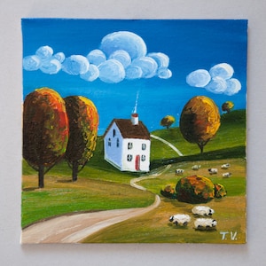 素朴な田舎の風景油絵：夏の田園風景、アートワーク8x8 - Etsy 日本
