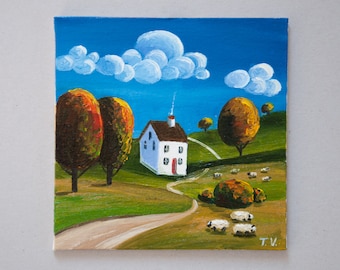 素朴な田舎の風景油絵：夏の田園風景、アートワーク8x8 - Etsy 日本