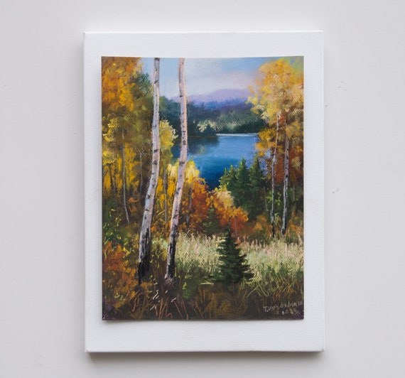 オリジナルの秋の風景画パステル画：白樺の木、湖（12x10） - Etsy 日本