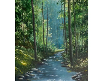 森の小川の油絵 川の風景 リネンキャンバス 16x20インチ - Etsy 日本