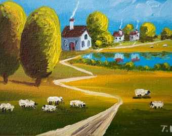 素朴な田舎の風景油絵：夏の田園風景、アートワーク8x8 - Etsy 日本