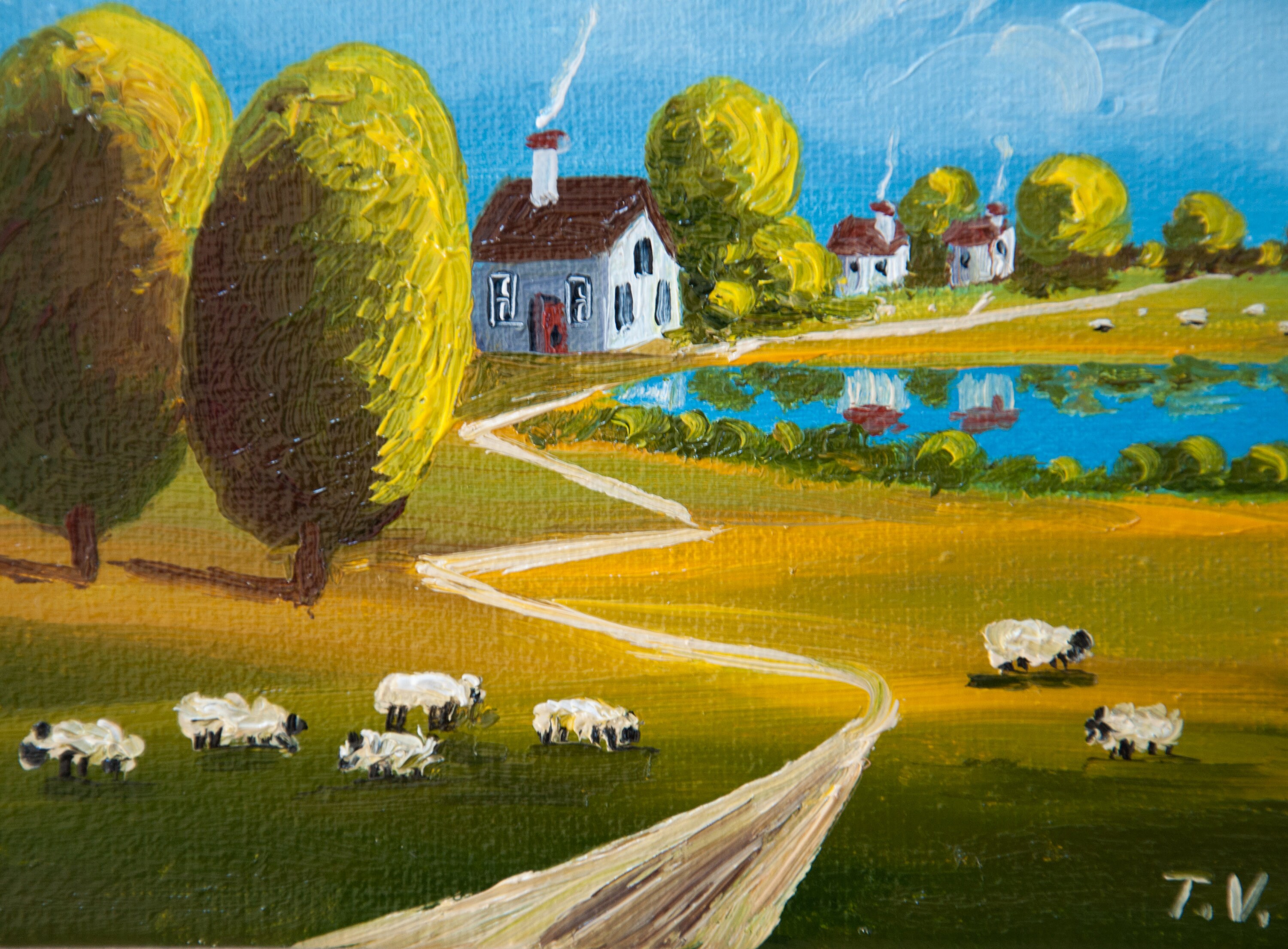 素朴な田舎の風景油絵：夏の田園風景、アートワーク8x8 - Etsy 日本
