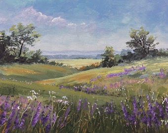 Country Landscape Painting: Original Acrylic Flower Meadow Art