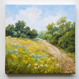 Summer Nature Oil Painting Original Art Landscape On Canvas Flower Fields Green Trees Country Road Painting 8 x 8