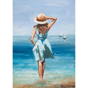 Girl And Sea Painting Beach Painting Original Art Seascape Oil Painting Coast Ocean Landscape Small Artwork Portrait Miniature Art 8 x 6in