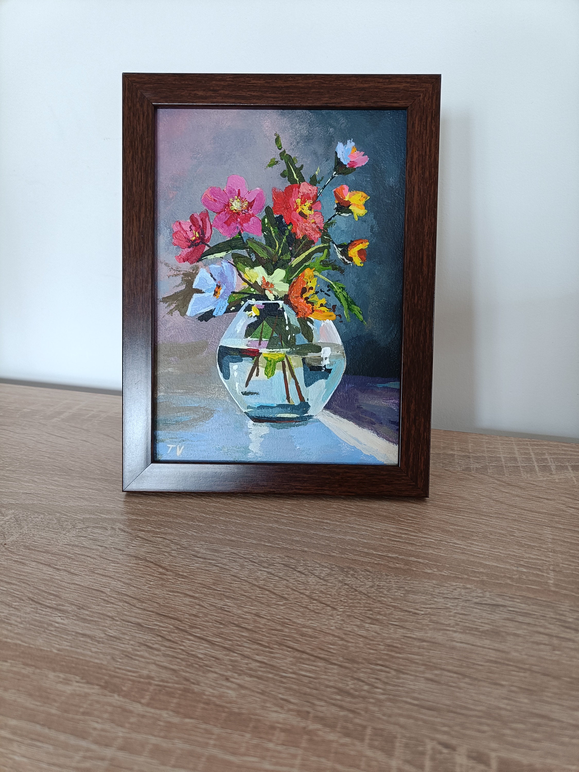 花の静物画：ミニチュアアクリル画、オリジナルアート 7 x 5インチ