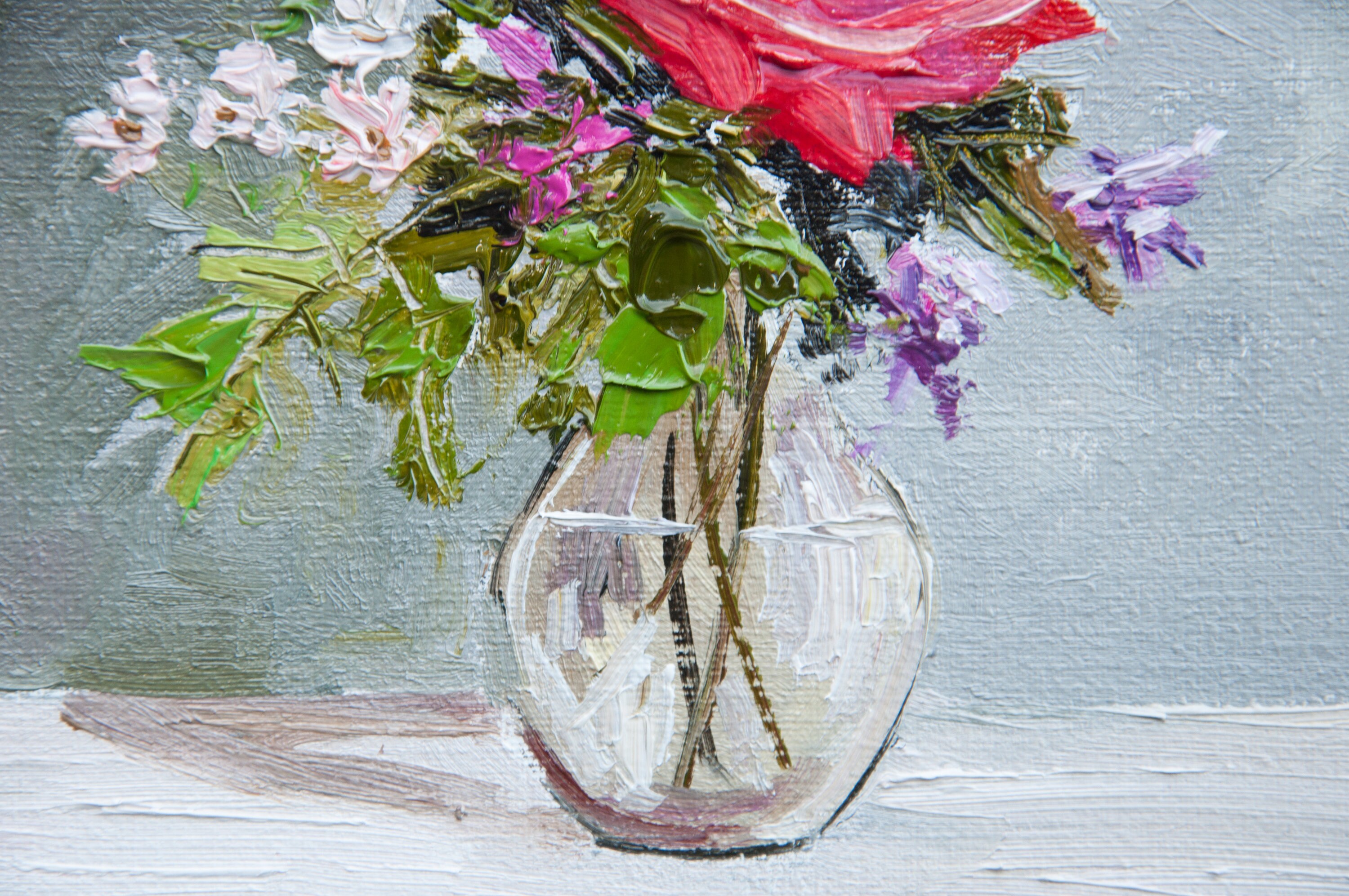 花の油絵：赤いバラと白い花の静物画、8x8 - Etsy 日本