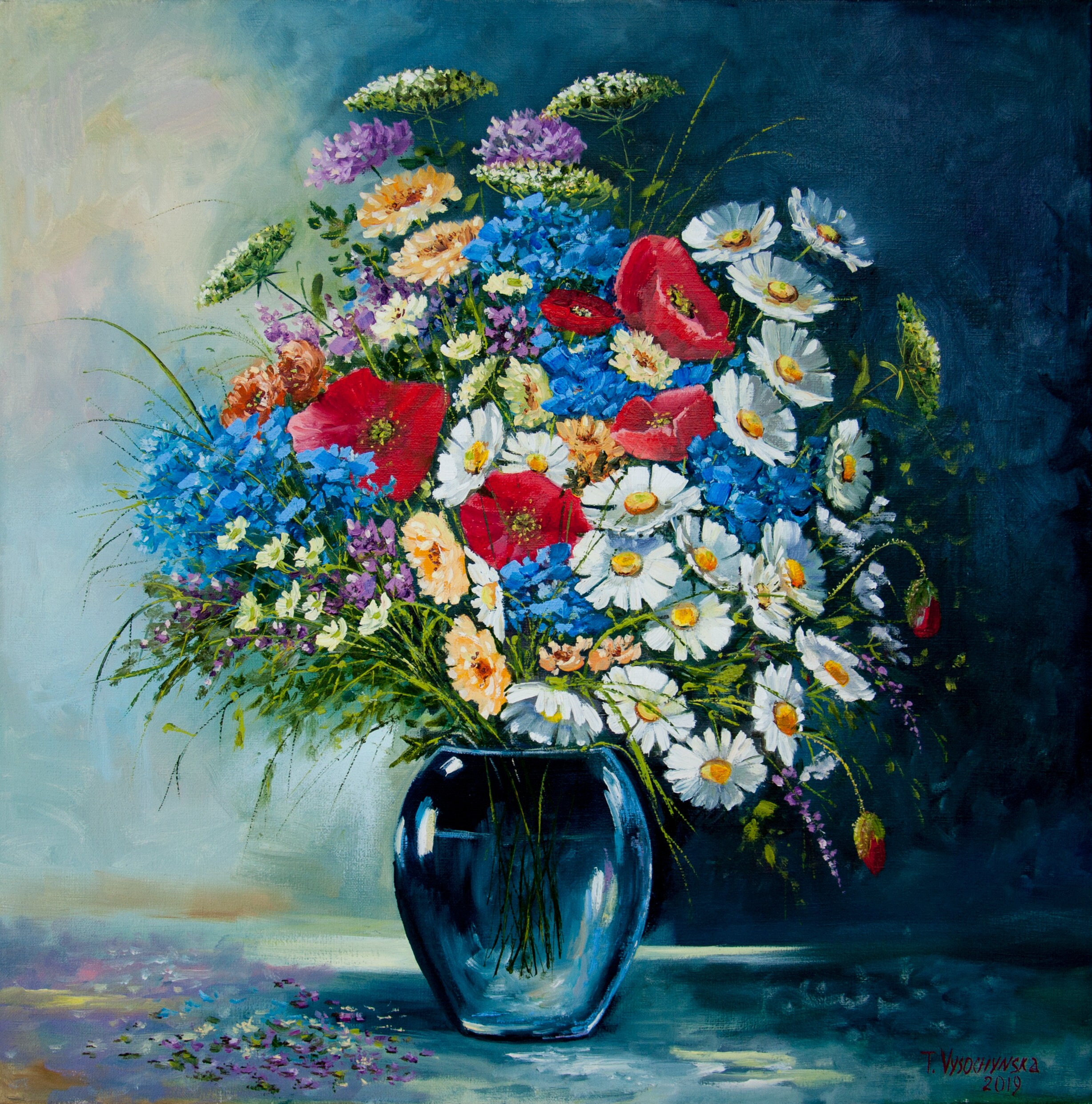 Wildflowers Original Oil Painting: Red Poppies, Daisies