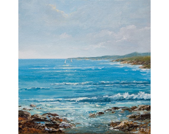 海景油絵：青い海の波、オリジナルアートキャンバス 12x12 - Etsy 日本