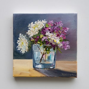 Floral Oil Painting Original Art On Canvas Flower Still Life White Lilac Pink Flowers In A Vase Painting Miniature Wall Decor 6 x 6