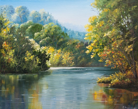 River landscape oil painting Nature oil painting Original landscape painting on canvas