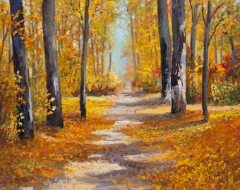 オリジナルの秋の森の油絵：黄金の秋の風景画（14 x 16インチ） - Etsy