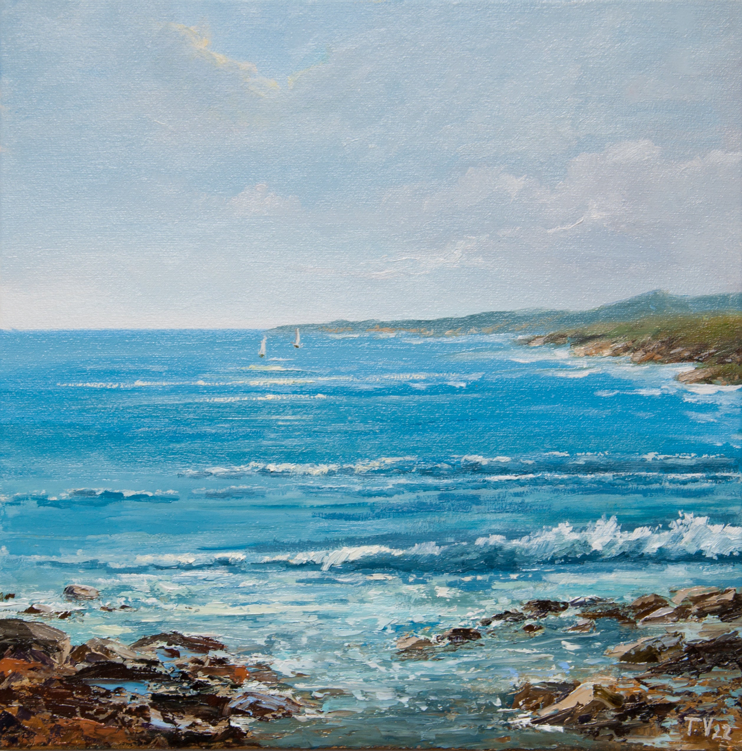 絵画、キャンバスに油絵、海 海景油絵：青い海の波、オリジナルアートキャンバス 12x12 - Etsy 日本