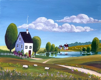 Summer Landscape Painting Original Art Acrylic Painting Naive Country Landscape Rural Nature Art Farmhouse Fields Lake Sheep Artwork 8x10