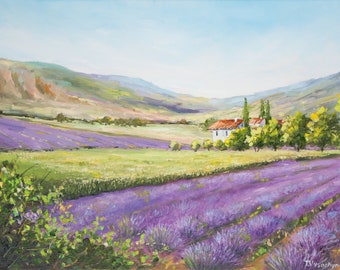 Pintura al óleo de un campo de lavanda, paisaje provenzal, campiña francesa, 30 x 40 cm