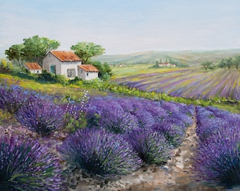 Pintura al óleo original sobre lienzo de un campo de lavanda, paisaje provenzal, arte mural, cabaña rústica francesa, obra de arte impresionista hecha a mano.