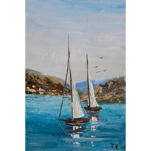 Pintura al óleo de barco de vela, arte original de veleros, paisaje marino, pintura pequeña, pintura de barco de vela, paisaje oceánico, barco, bellas artes, 8 x 5 pulgadas