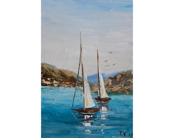 Sailing Ship Oil Painting: Small Seascape Original Art 8x5in