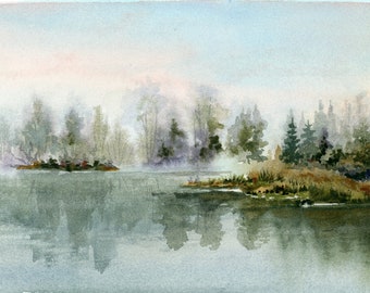 Misty Landscape Watercolor Painting Foggy Morning Print Misty Lake Poster Forest Wall Art Country Nature Painting